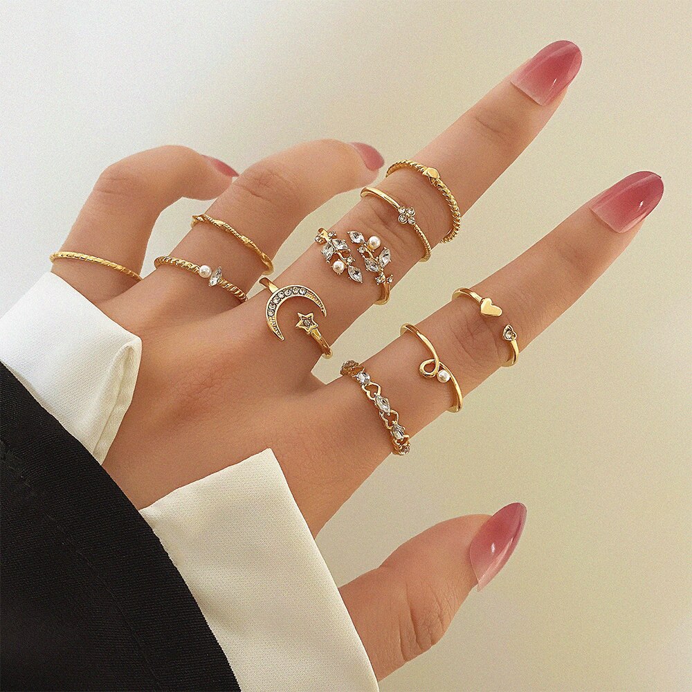 23pcs Hiphop Gold Color Geometric Wheat Rings Set For Women Girls Punk Star Moon Eye Wave Finger Rings Jewelry Party