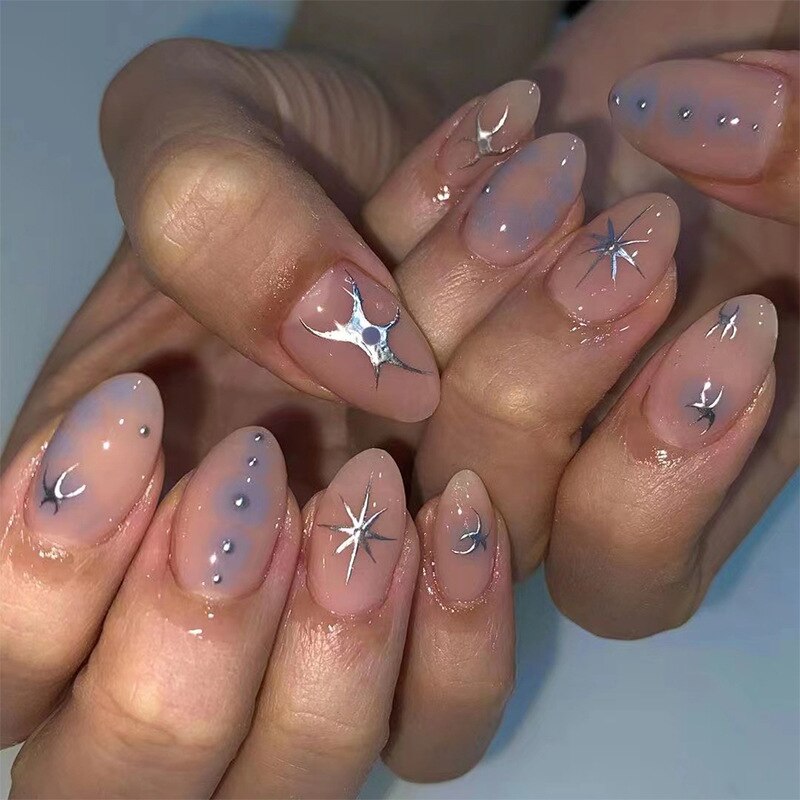 24Pcs Pink Round Head Almond Fake Nails with Heart Shape Rhinestone Wearable Ballerina False Nail Tips Full Cover Press on Nail