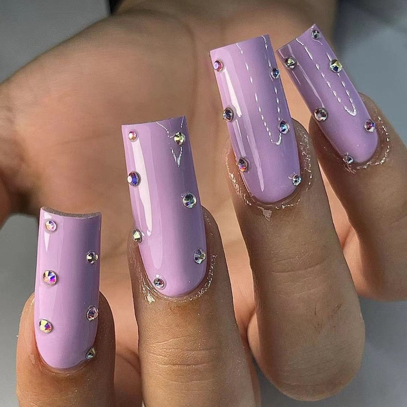 24Pcs Purple Y2K Press on Nails Star Diamond Designs Full Cover Fake Nails Long Coffin Acrylic False Nails