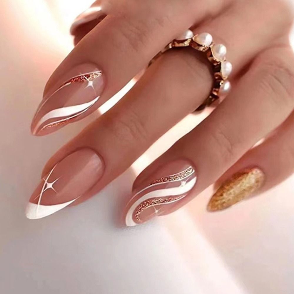 24pcs Detachable Almond French False Nails Glitter Design Press on Nails Fake Nials DIY Manicure Nail Tips