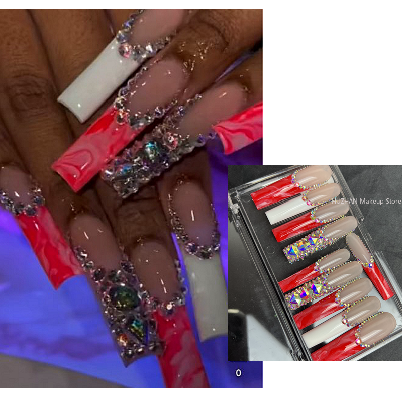 Handmade 3XL Full Cover False Nail Tips Luxury Glittery Rhinestone Press On Nails Y2K Reusable Extra Long Fake Nail With Glue