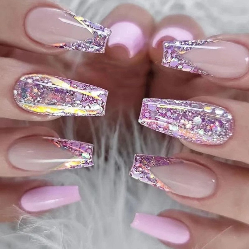 Detachable Manicure Wearable Nail Art Press On Nails Pink Glitter Diamond False Nails Long Coffin Fake Nails Full Cover Tips