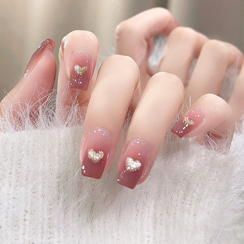 24pcs Wearable korean press on nails short ballet Artificial Nails with glue Cute sweet cool Pearl diamond Designs Fake Nails