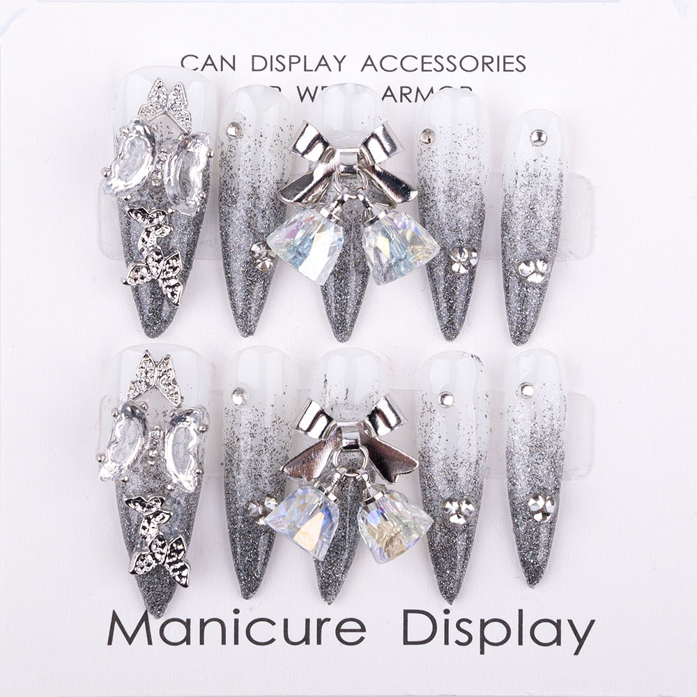 Gradient Gray Handmade False Press on Nails Amber Butterfly Diamond Advanced Manicure Artificial False Long Length Nails Tips