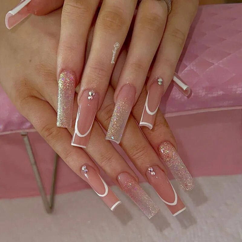 24Pcs Long Ballerina False Nails  Press on Nails Serpentine Flower with Rhinestones French Fake Nails Wearable White Nails Tips