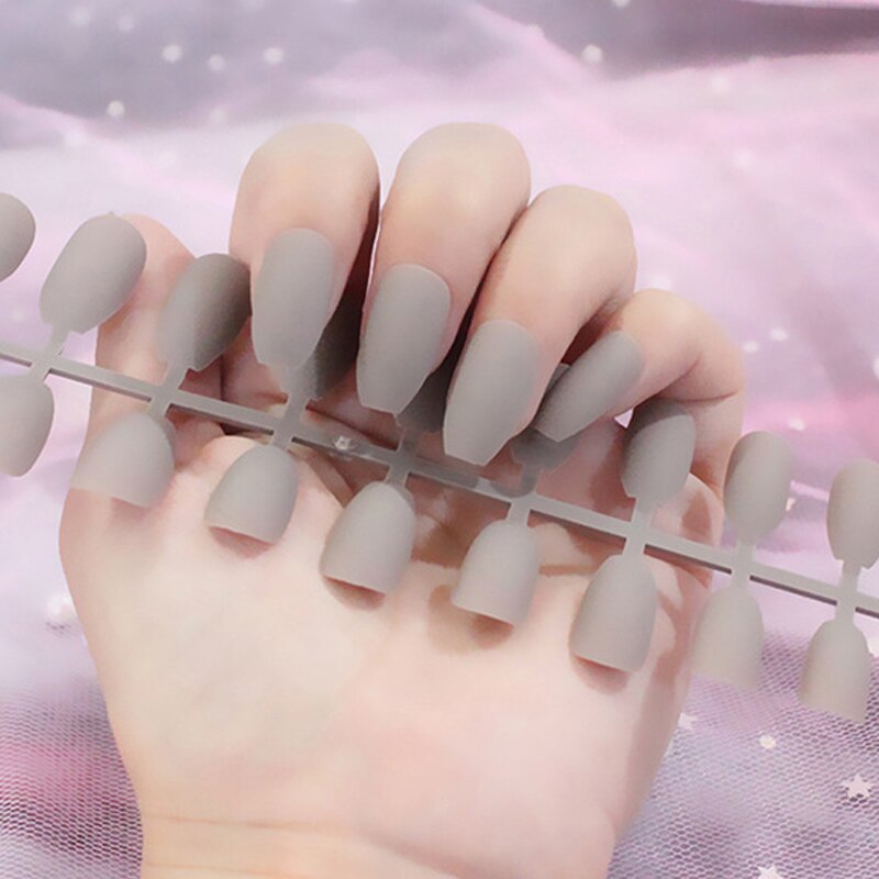 24Pcs/Sheet Matte Fake Nails Full Cover Ballet Fake Nail Elegant Solid Color Long Coffin False Nails Art Artificial Fingernails