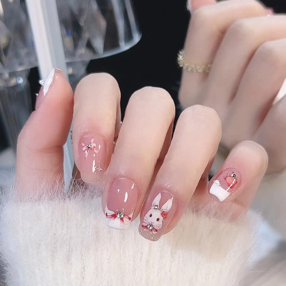 24pcs removeable short fake nails with glue Nude Pink artificial false nails with diamond designs acrylic press on nails