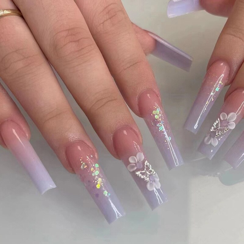 24Pcs Full Cover False Nails with Glue Long Square Coffin Fake Nails French Detachable Ballet Love Pattern Design Press on Nails