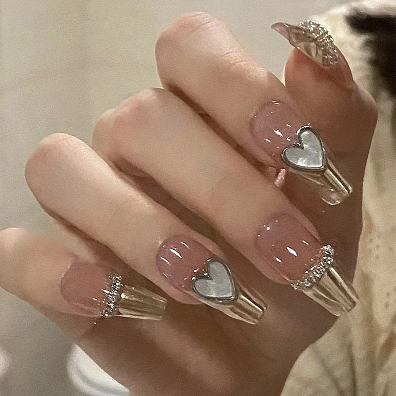 24Pcs 3D Three-dimensional Love Heart False Nails with French Design Long Coffin Wearable Fake Nails Rhinestone Press on Nails Tips