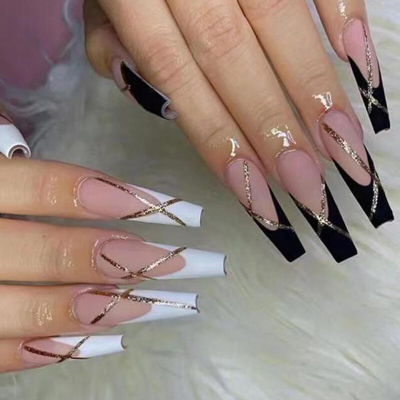 24Pcs Long Coffin False Nails with Glue Wearable Brown Fake Nails with   Rhinestones Ballet Press on Nails Full Cover Nail Tips