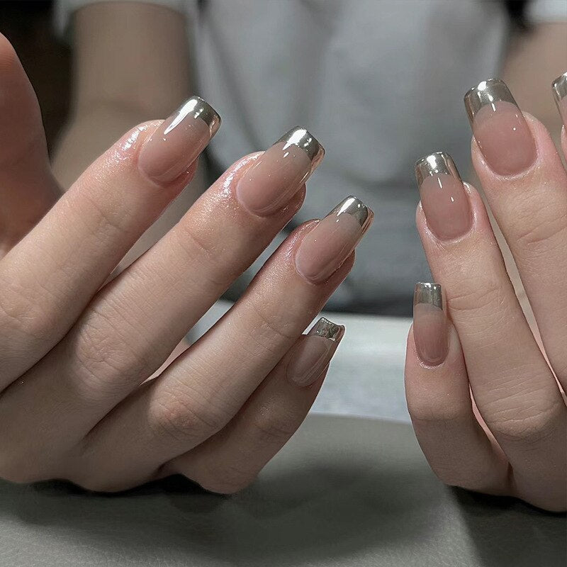 24pcs/box gradient French artifical nails with glue shiny star Fake Nails Lovely Girl korean press on nails ballerina False Nail