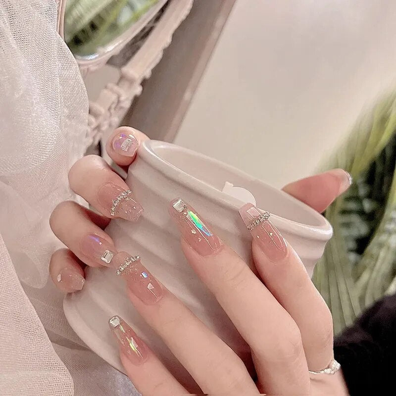 24pcs Wearable korean press on nails short ballet Artificial Nails with glue Cute sweet cool Pearl diamond Designs Fake Nails