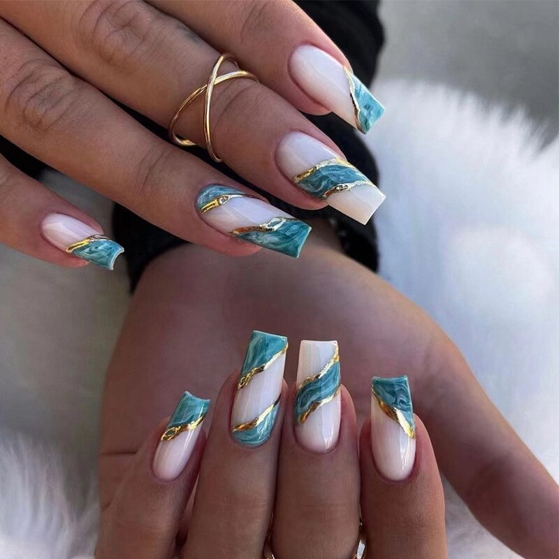 24Pcs Marble Gradient Long Coffin False Nails Detachable Wearable Gold Foil Ballerina Fake Nails Full Cover Nail Tips Press Glue