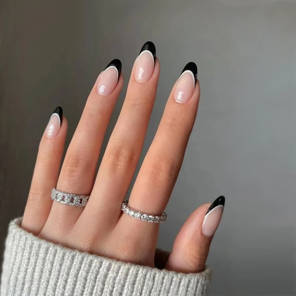 24Pcs/Box Almond Round Wavy False Nails Detachable Stiletto Fake Nails Full Cover French Ballerina Nail Tips Press On Nails