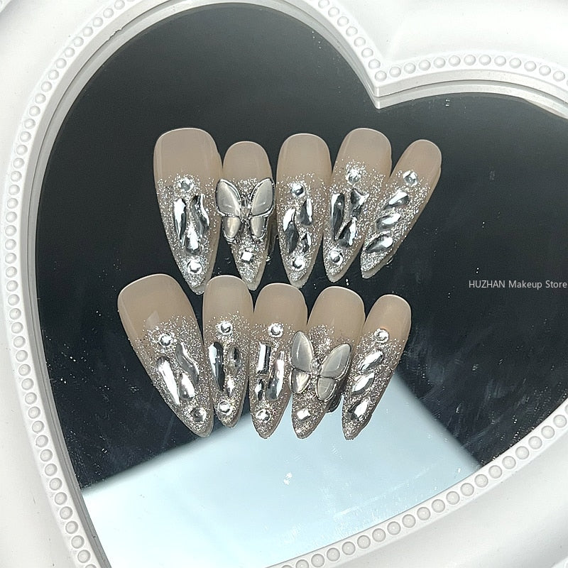 Butterfly Press On Nails Y2K Glitter Rhinestone Fake Nail With Glue Customized Handmade Long Coffin Stiletto False Nails Tips