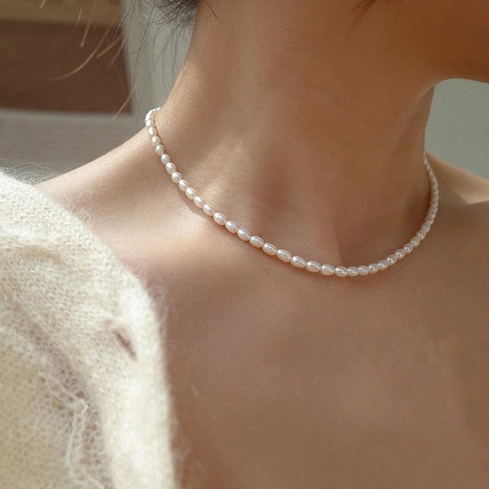 3MM Imitation Pearl Necklace Oval White Stainless Steel Necklace Women's Collarbone Chain