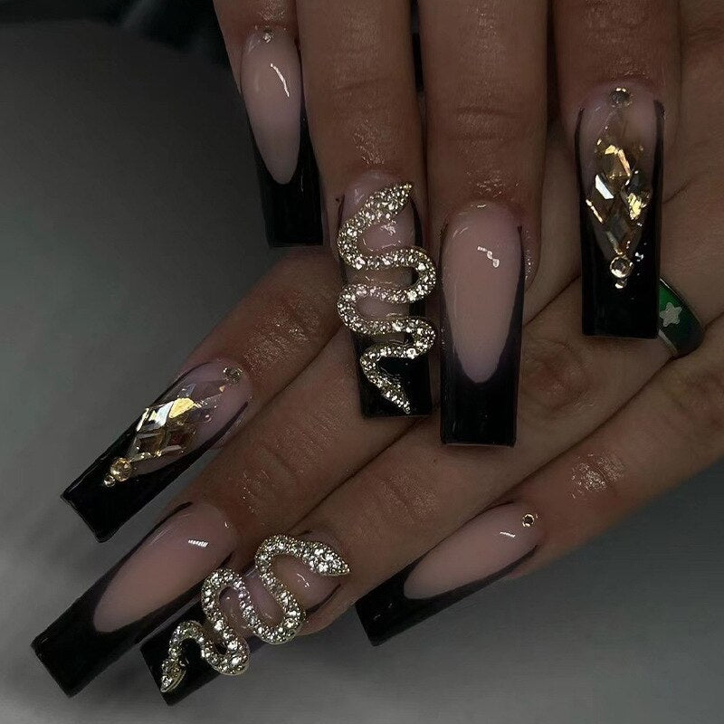 24Pcs Leopard Design False Nails Long Coffin Fake Nails with Rhinestone Wearable Ballet Press on Nails Full Cover Nail Tips