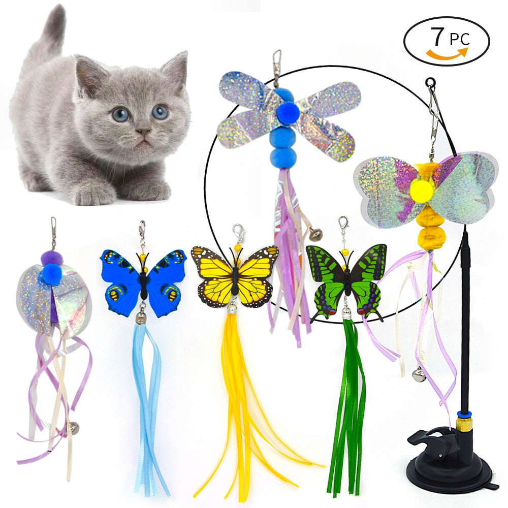 Interactive Cat Toy Handfree Cat Stick Playing Kitten Playing Teaser Wand Toy Suction Cup Bird/Feather Cat Wand Toys Set