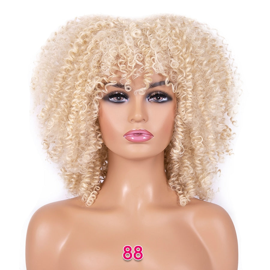 Short Kinky Curly Wigs Pink Blonde Color Curly Afro Wig Short 14 Inch Curly Bob Wig Synthetic Heat Resistant Wigs With Bangs