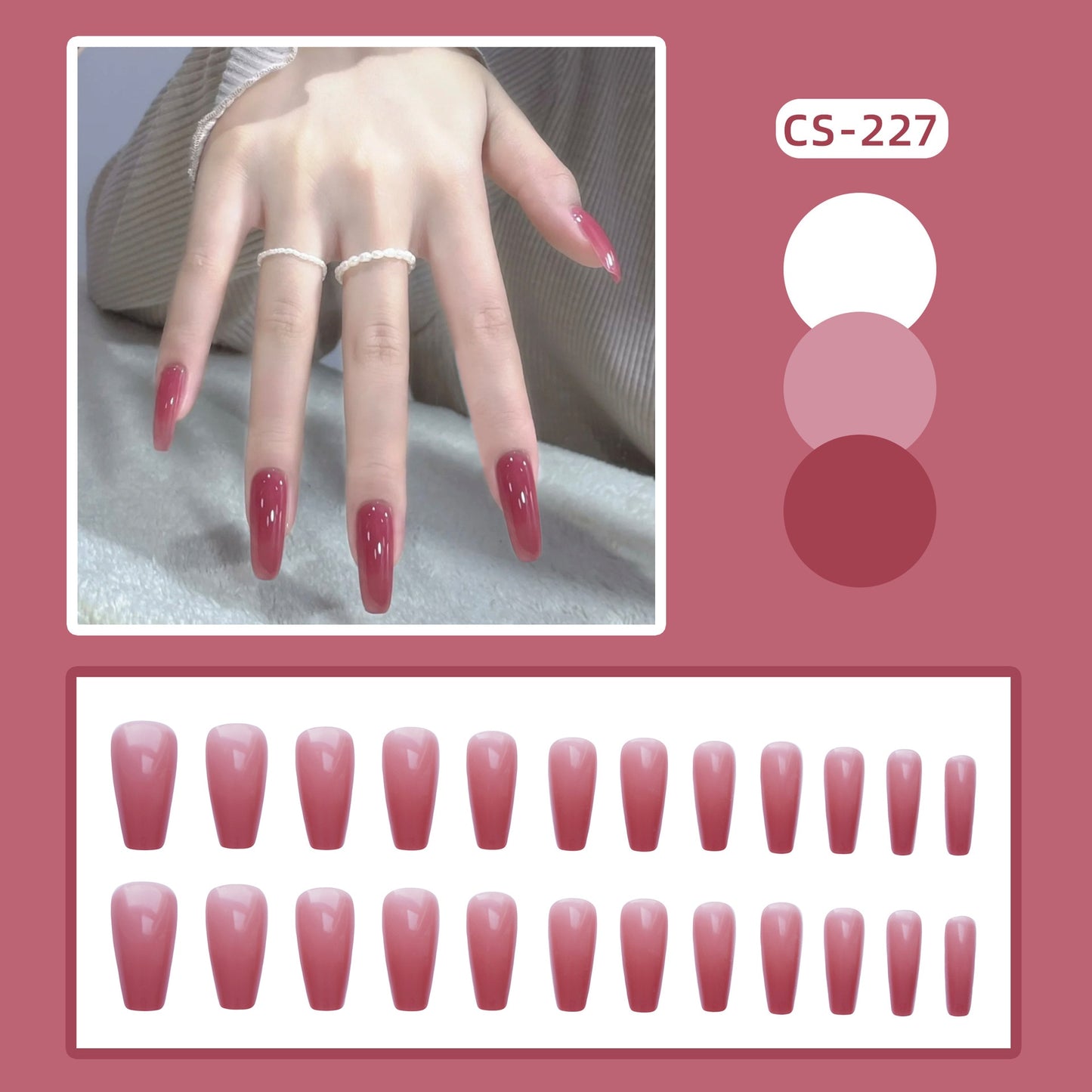 24pcs/Box Long Coffin False Nails Art Rose with Glue Wearable Nude Pink White Color Jelly Nails Tips Full Cover Press On Nails