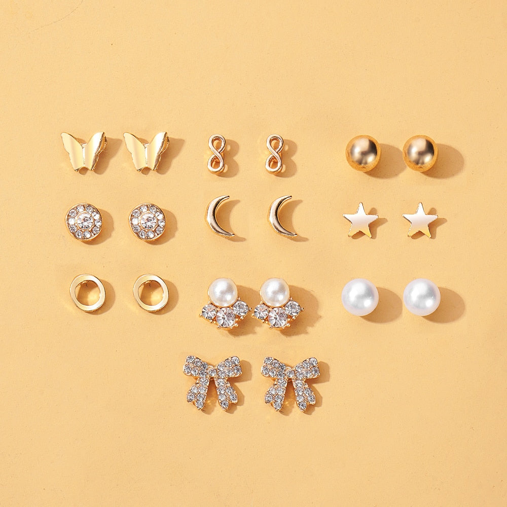 Earrings Set Pearl Earrings For Women Bohemian Geometric Crystal Heart Stud Earrings