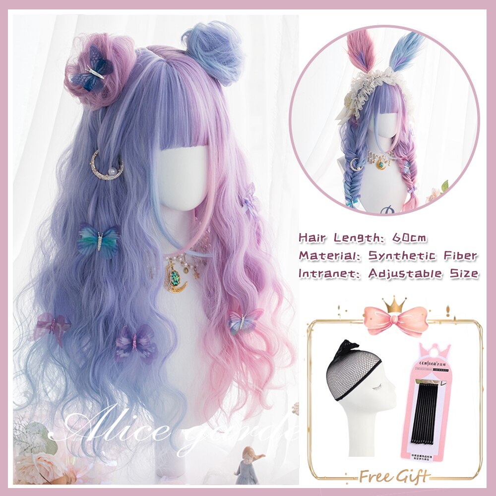 Cosplay Purple Blue High Gloss Bangs Synthetic Long Curly Hair Wig Lolita Women Heat-resistant Wig