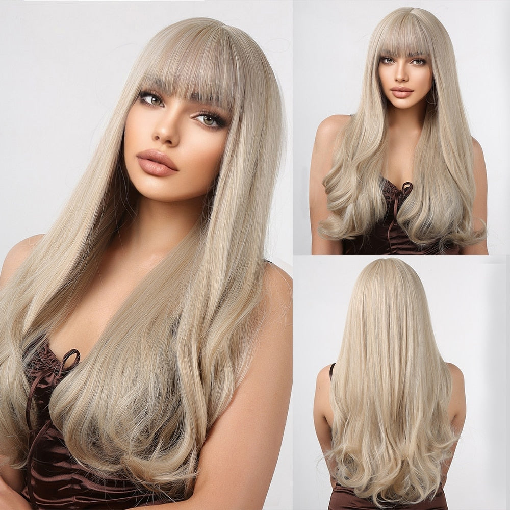 Brown Mixed Blonde Synthetic Wigs with Bang Long Natural Wavy Hair Wig for Women Daily Cosplay Use Heat Resistant