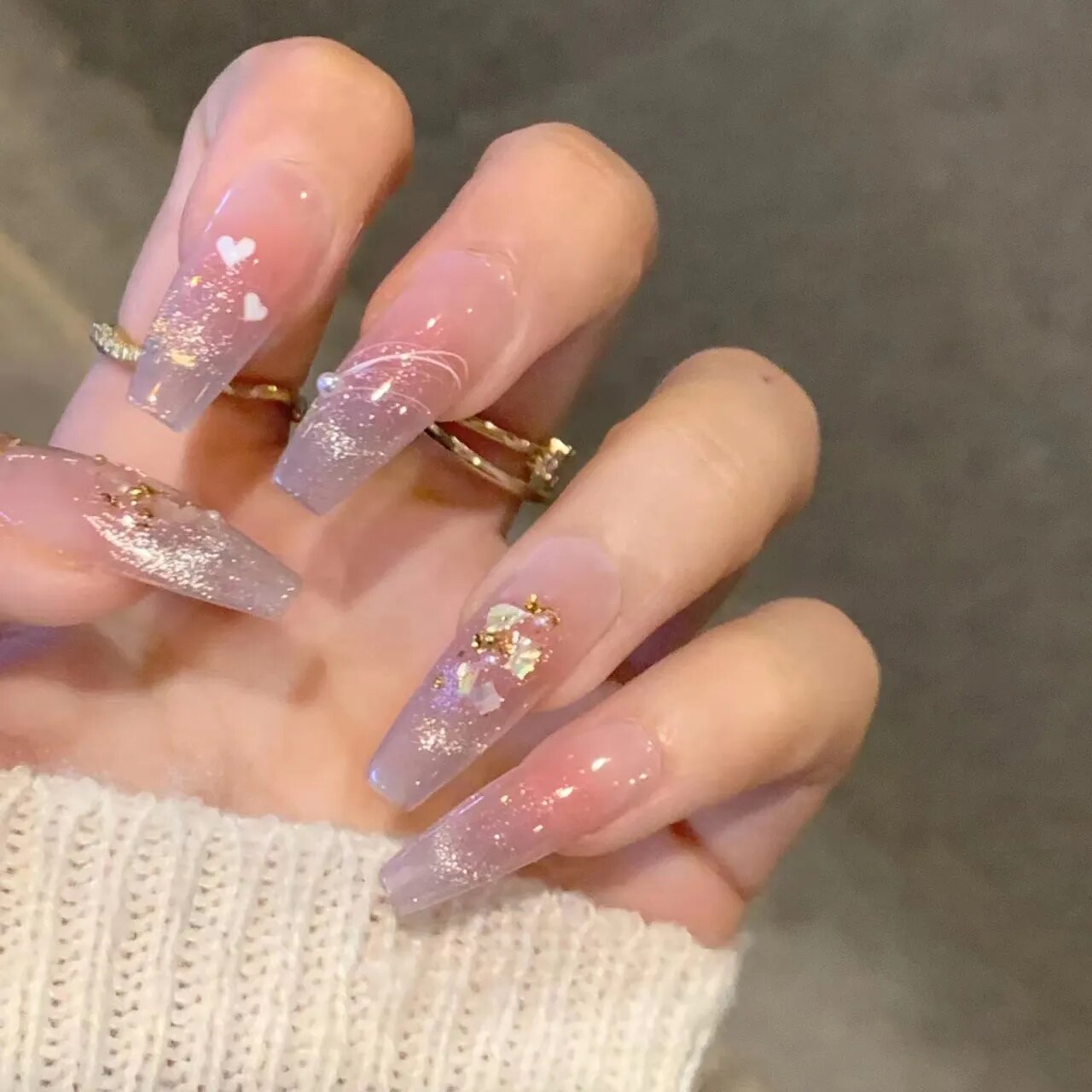 24pcs/box gradient French artifical nails with glue shiny star Fake Nails Lovely Girl korean press on nails ballerina False Nail