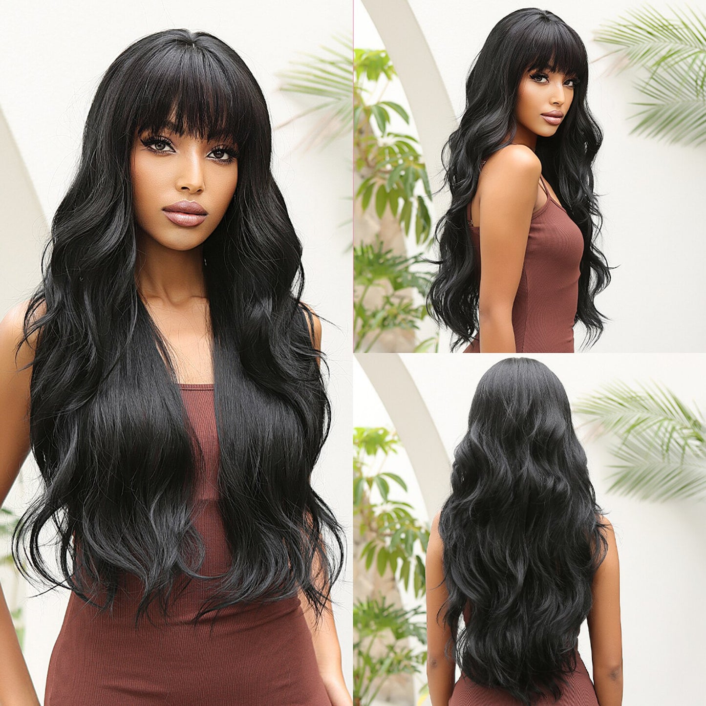 Brown Mixed Blonde Synthetic Wigs with Bang Long Natural Wavy Hair Wig for Women Daily Cosplay Use Heat Resistant