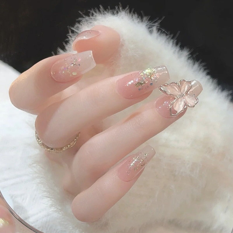 24Pcs Ballerina Long Square Nail Tips False Nails Wearable Fake Nails Butterfly Camellia Flower Pearl Design Press on Nails