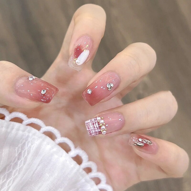 24Pcs/Box Cherry False Nails Pink with Glue Short Ballerina Wearable Fake Nails Acrylic Art Full Cover Press on Nails Tips