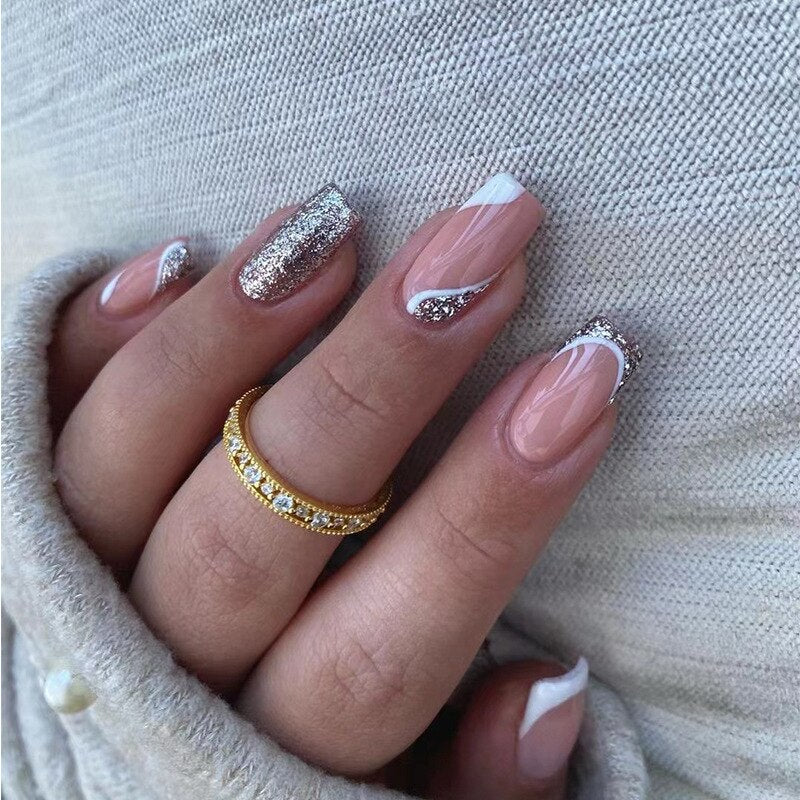 24pcs wearable White Purple Gradient with Gold Foil Press On Nails full cover fake nail tips french short fake nails with glue