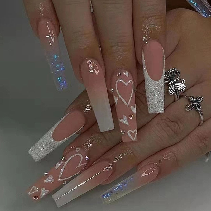 24Pcs Full Cover False Nails with Glue Long Square Coffin Fake Nails French Detachable Ballet Love Pattern Design Press on Nails