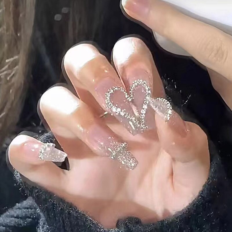 24Pcs 3D Butterfly Rhinestone Design False Nails Detachable Ballerina Fake Nail Tips Glitter Wearable full cover Press on nails