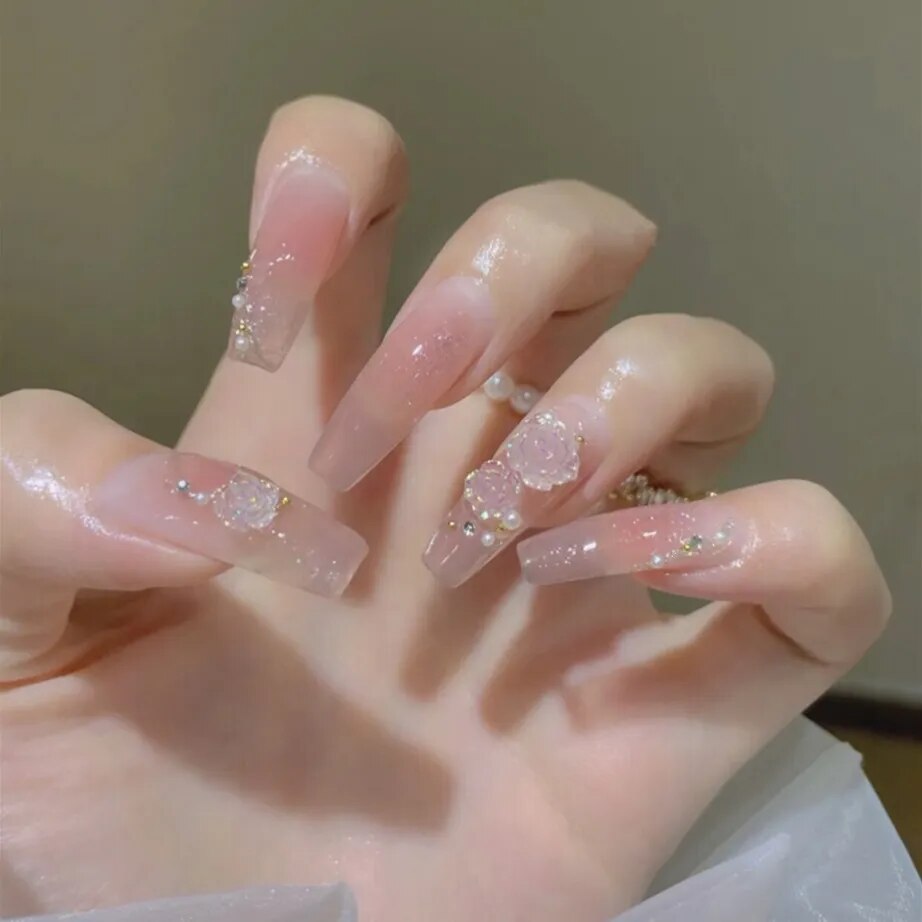 24pcs/box gradient French artifical nails with glue shiny star Fake Nails Lovely Girl korean press on nails ballerina False Nail