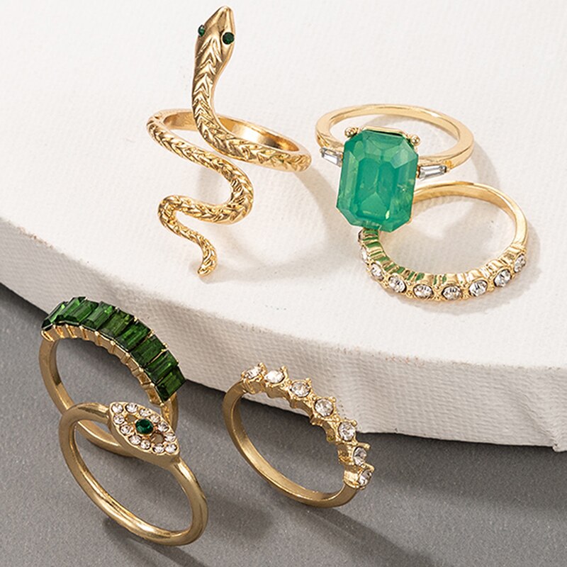 6pcs/set Luxury Green Rhinestone Rings for Women Vintage Crystal Snake Adjustable Metal Ring Set Jewelry