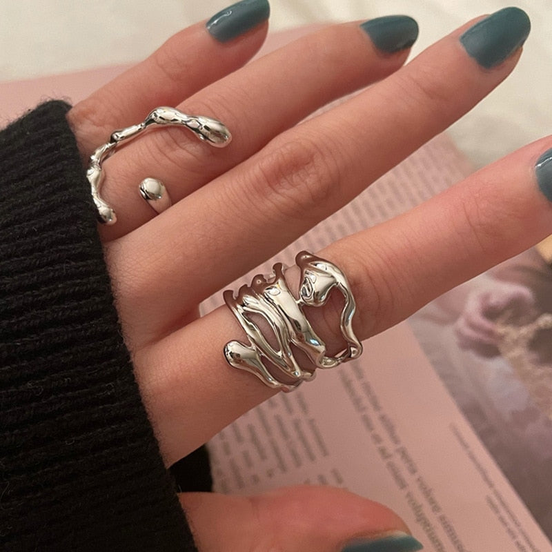 Minimalist Irregular Silver Color Rings For Women Fashion Creative Hollow Irregular Geometric Open Rings Party Jewelry Gifts