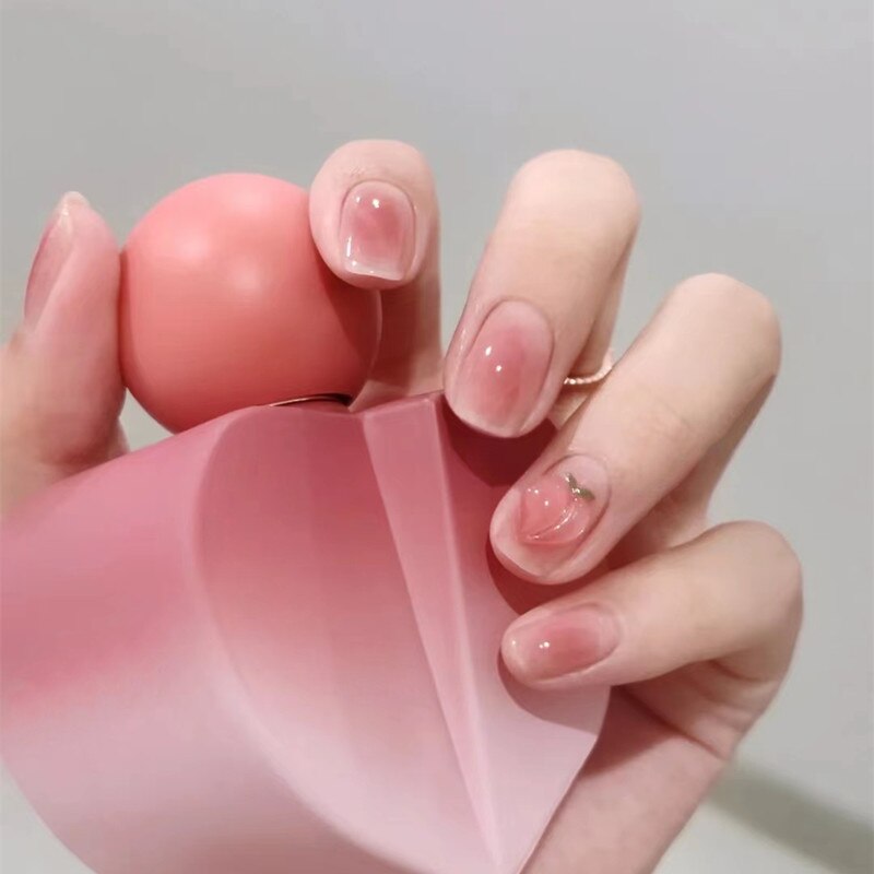 24pcs removeable short fake nails with glue Nude Pink artificial false nails with diamond designs acrylic press on nails