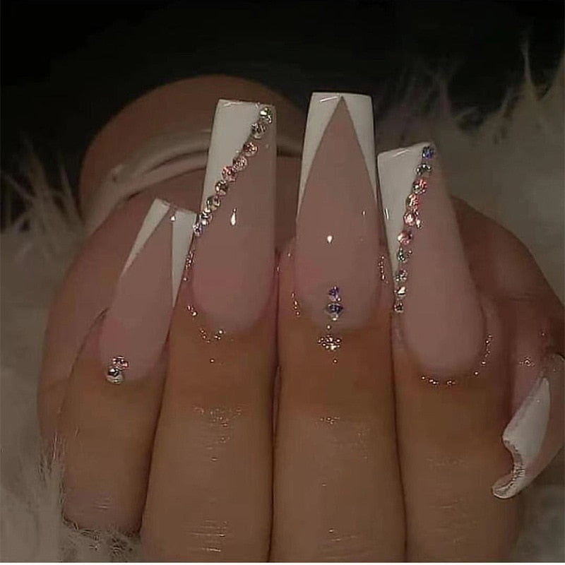 24pcs False Nails with glue flower design Long Coffin French Ballerina Fake Nails Full Cover acrylic Nail Tips Press On Nails