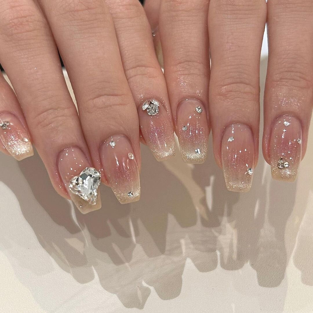 24pcs/box gradient French artifical nails with glue shiny star Fake Nails Lovely Girl korean press on nails ballerina False Nail