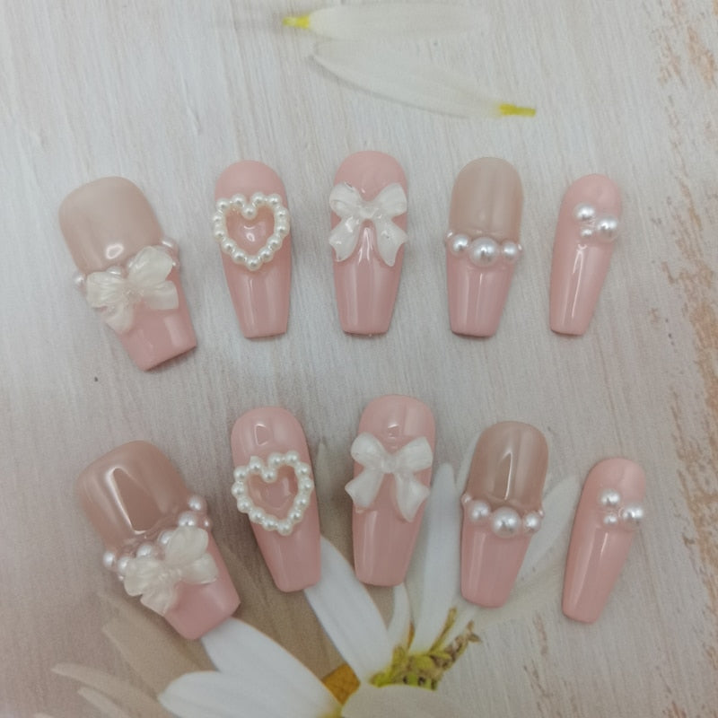 Handmade Custom Made False Nail Art With Pearls And Nows Wearable Nail Pink Almond Style Section Patch Removable Girl Fake Nail