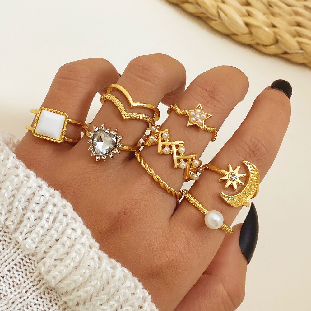 23pcs Hiphop Gold Color Geometric Wheat Rings Set For Women Girls Punk Star Moon Eye Wave Finger Rings Jewelry Party