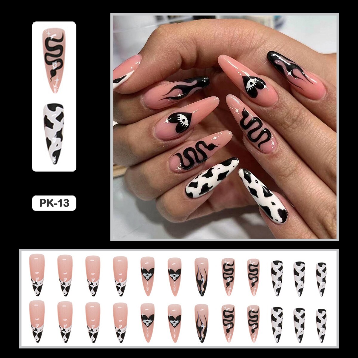 24PCS Dark Punk False Nails with Glue Gradient Long Detachable Fire Stick on Nails Skull Flame  Art DIY Fashion Manicure Tool