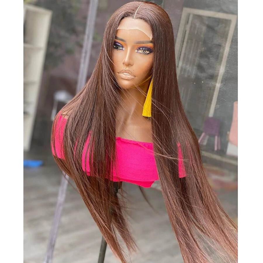 Body Wave Chocolate Brown 13X4 Lace Front Wigs 180% Density Colored Synthetic Dark Brown Lace Front Wig For Black Women