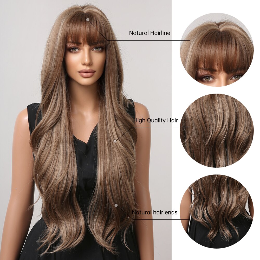 Brown Mixed Blonde Synthetic Wigs with Bang Long Natural Wavy Hair Wig for Women Daily Cosplay Use Heat Resistant