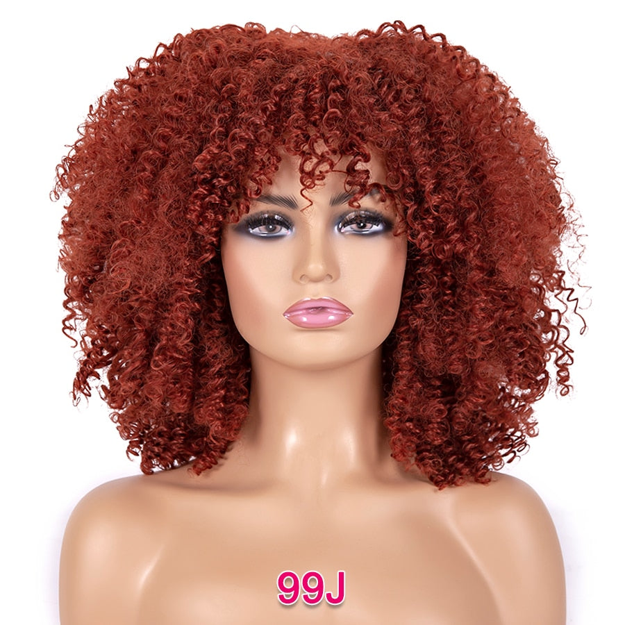 Short Kinky Curly Wigs Pink Blonde Color Curly Afro Wig Short 14 Inch Curly Bob Wig Synthetic Heat Resistant Wigs With Bangs