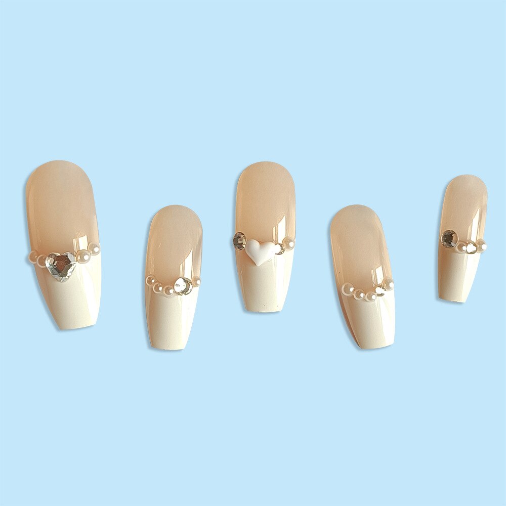 24pcs Nude milky French false nails with glue white nail tips full cover artificial nails with pearl heart wearable jelly nails