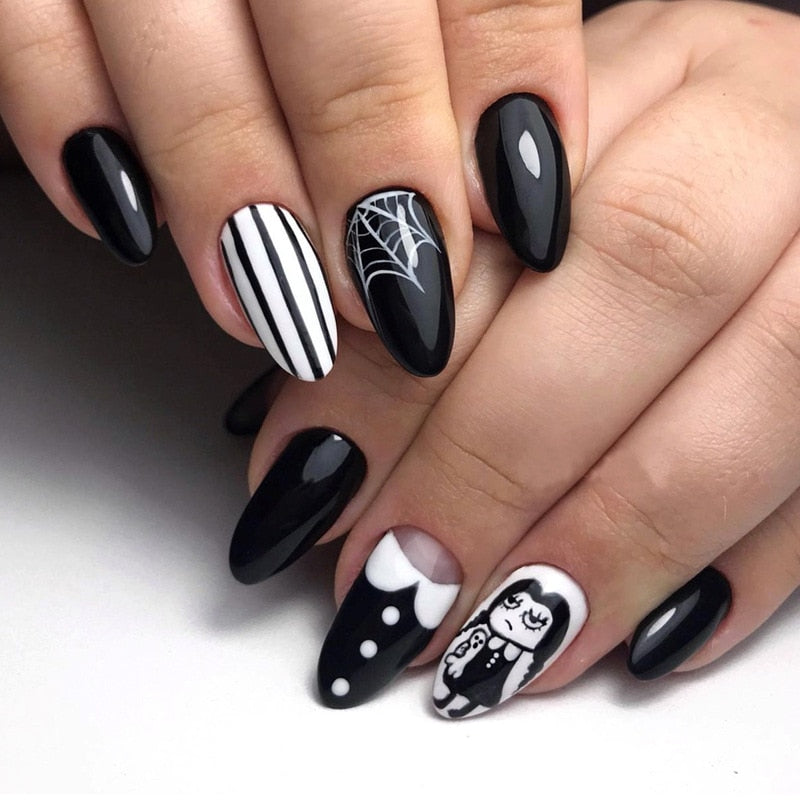 24Pcs Halloween Black Ghost Long Ballet False Nails With Heart Blood Design Halloween Press On Nails Detachable Full Cover Nails