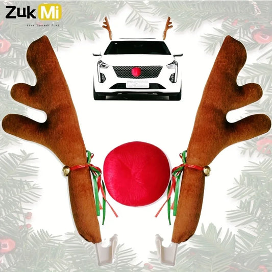 Car Reindeer Antlers & Nose - Window Roof-Top & Grille Rudolph Reindeer Jingle Bell Christmas Costume - Auto Accessories