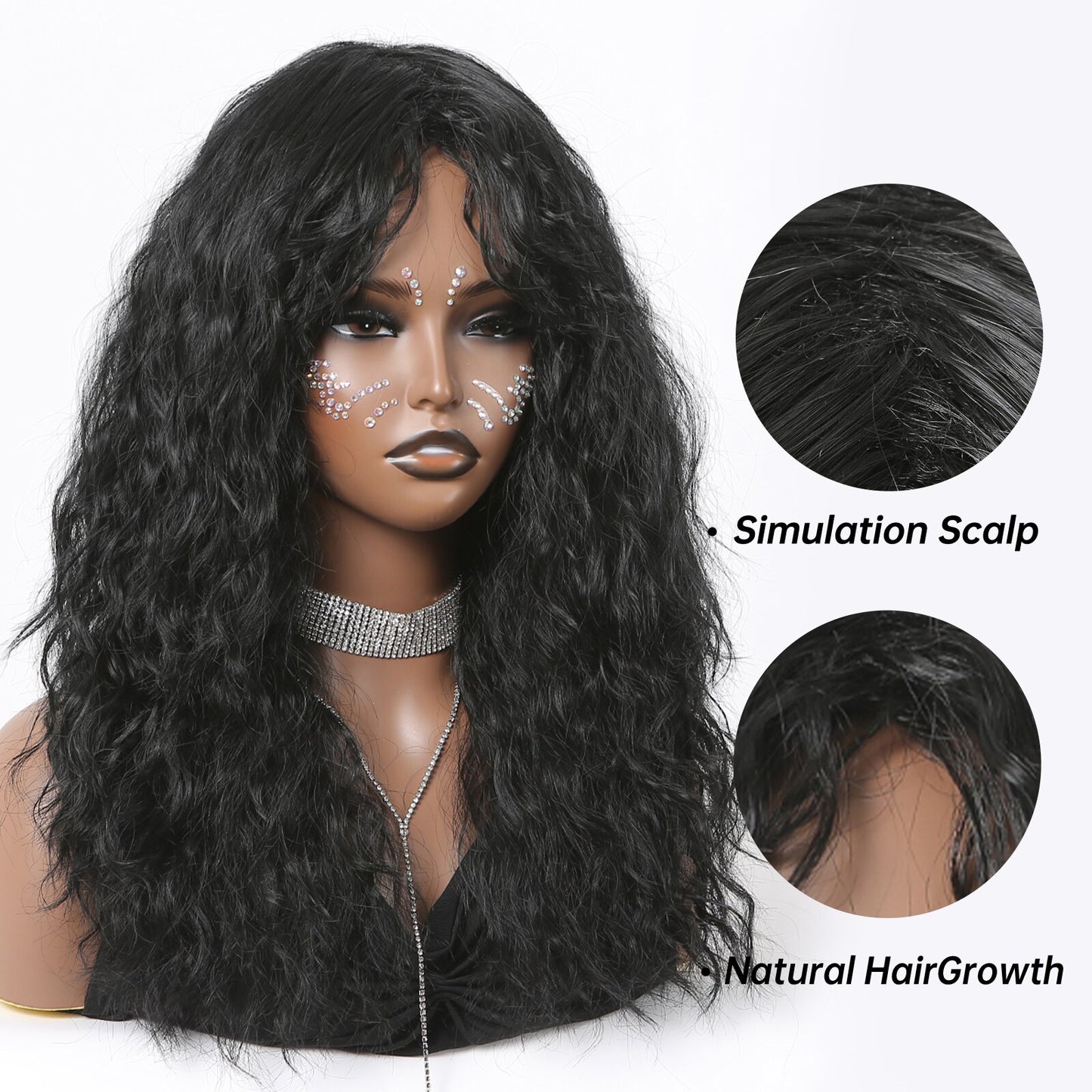 Black Curly Synthetic Wigs Natural Long Women's Wig with Bangs Deep Water Wave Bohemian Cosplay Wig For Black Women Fake Hair